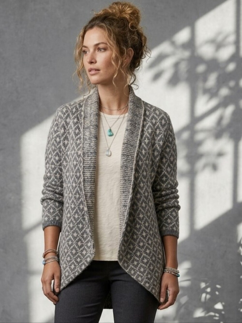 Wooden Ships Paola Buendia Mohair Wool Geometric Knit Open Front Cardigan S/M